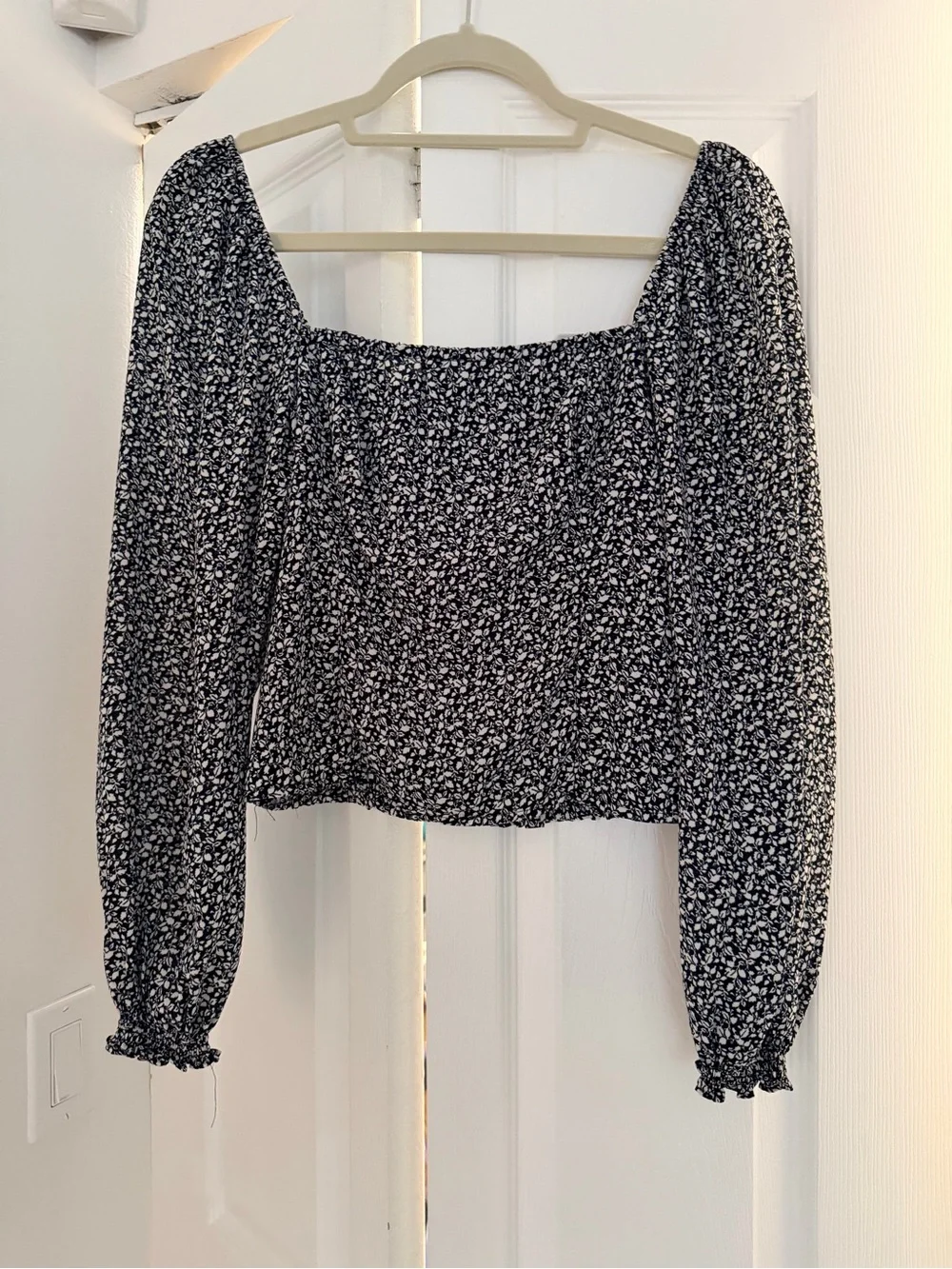 Abercrombie & Fitch Black Floral Square-Neck Smocked Blouse